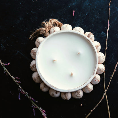 Christmas Hearth - 3 Wick Beaded Round Pottery Bowl Candle - PoshaBella