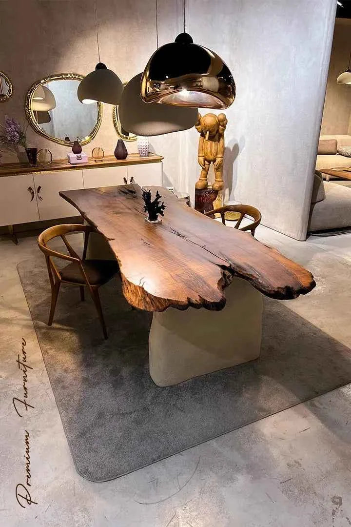 Wabi Sabi Style Luxury Solid Wood Walnut Table with Stone Inspired Legs