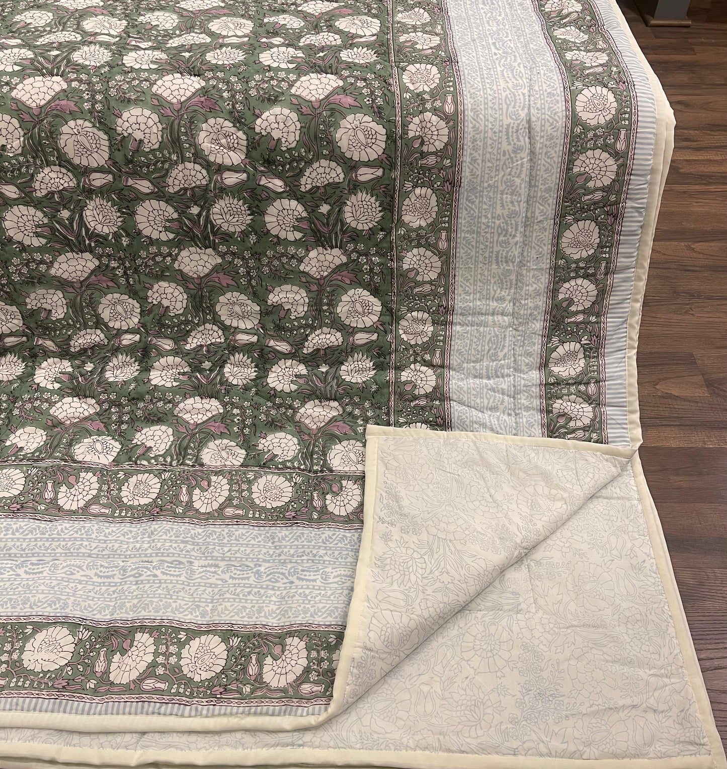 Cream & Golden Yellow Rust Floral Jaipur Indian Hand Block Print Quilted Comforter