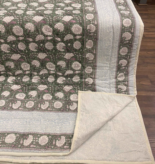 Cream & Golden Yellow Rust Floral Jaipur Indian Hand Block Print Quilted Comforter