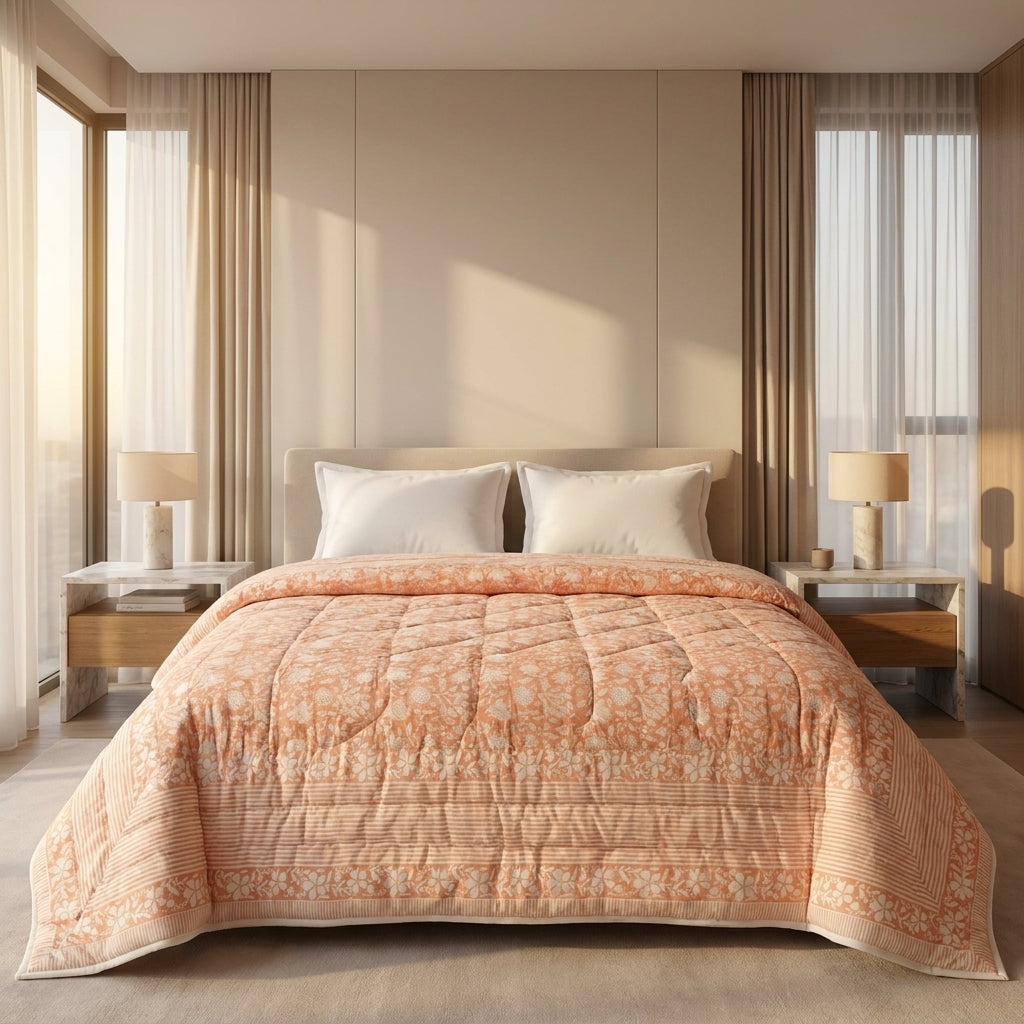 Peach & Cream Floral Jaipur Indian Hand Block Print Quilted Comforter