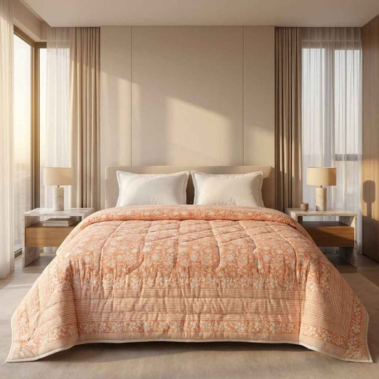 Peach & Cream Floral Jaipur Indian Hand Block Print Quilted Comforter