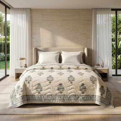 Cream & Dusty Blue Floral Jaipur Indian Hand Block Print Quilted Comforter