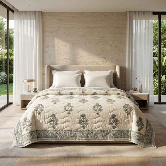 Cream & Dusty Blue Floral Jaipur Indian Hand Block Print Quilted Comforter