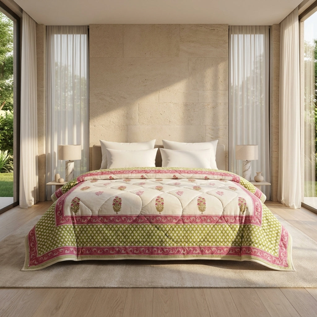 Cream & Deep Rose Floral Jaipur Indian Hand Block Print Quilted Comforter