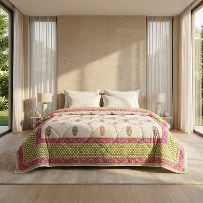 Cream & Deep Rose Floral Jaipur Indian Hand Block Print Quilted Comforter