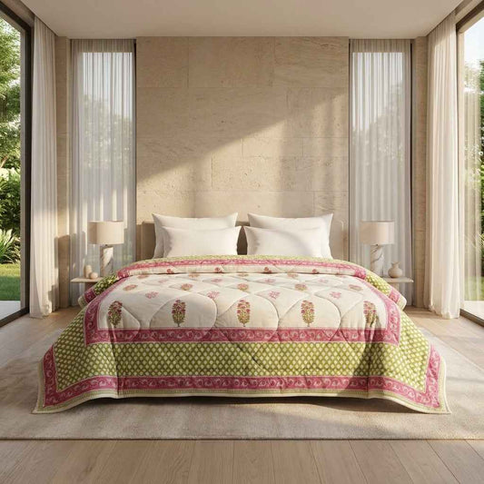 Cream & Deep Rose Floral Jaipur Indian Hand Block Print Quilted Comforter