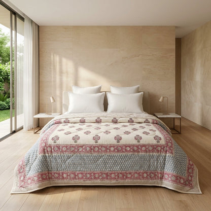 Cream & Charcoal Taupe Floral Jaipur Indian Hand Block Print Quilted Comforter 3