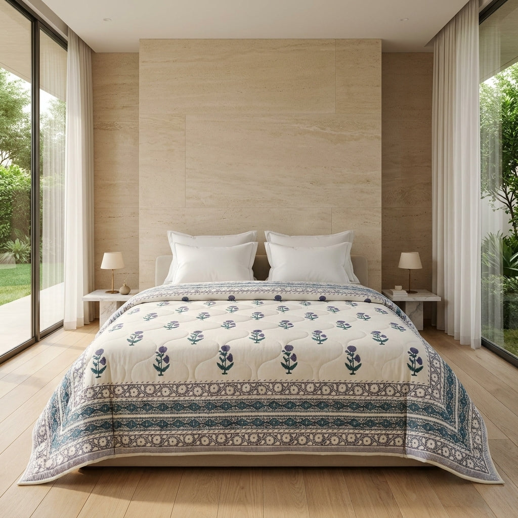 Cream & Indigo Blue Floral Jaipur Indian Hand Block Print Quilted Comforter