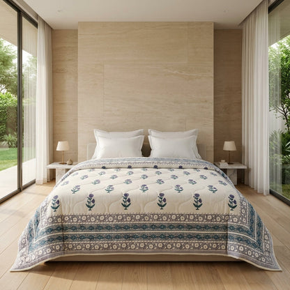 Cream & Indigo Blue Floral Jaipur Indian Hand Block Print Quilted Comforter