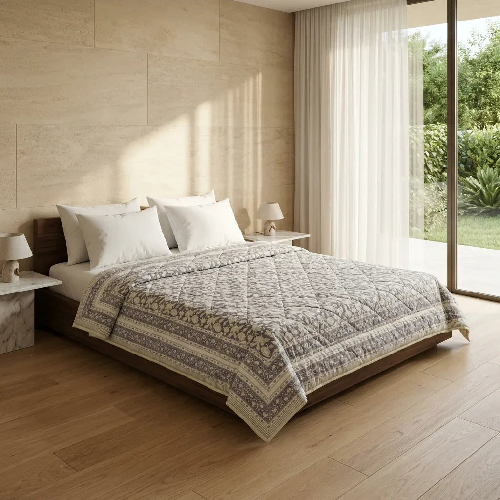 Cream & Taupe Floral Jaipur Indian Hand Block Print Quilted Comforter