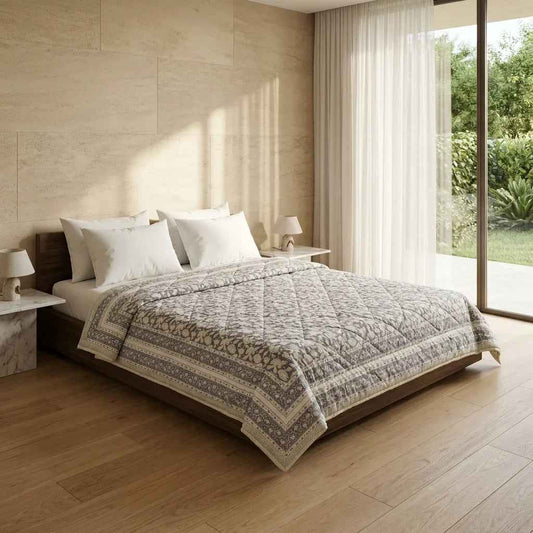 Cream & Taupe Floral Jaipur Indian Hand Block Print Quilted Comforter