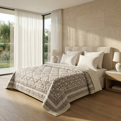 Cream & Taupe Floral Jaipur Indian Hand Block Print Quilted Comforter
