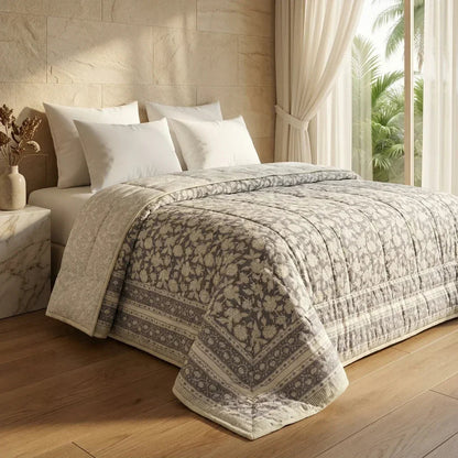 Cream & Taupe Floral Jaipur Indian Hand Block Print Quilted Comforter