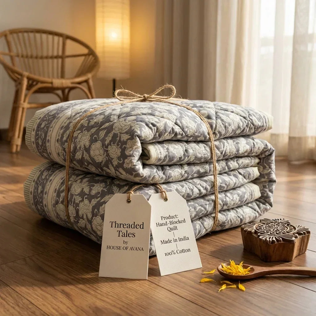 Cream & Taupe Floral Jaipur Indian Hand Block Print Quilted Comforter