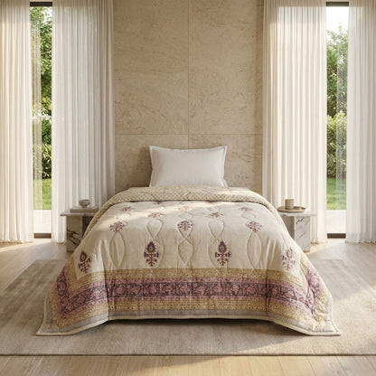 Sanganer Print Single Bed Quilt with Purple Floral Motifs
