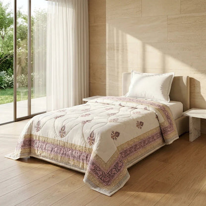 Sanganer Print Single Bed Quilt with Purple Floral Motifs