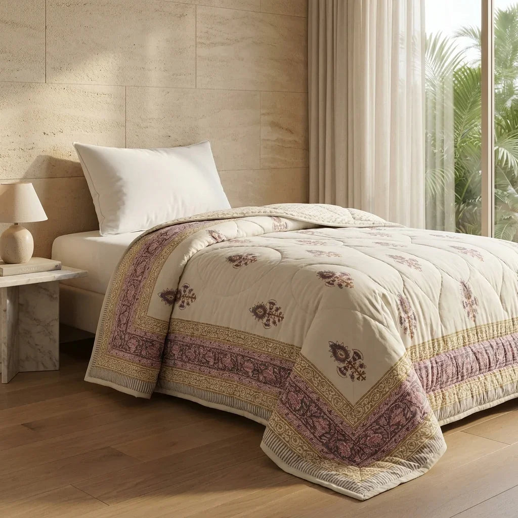 Sanganer Print Single Bed Quilt with Purple Floral Motifs