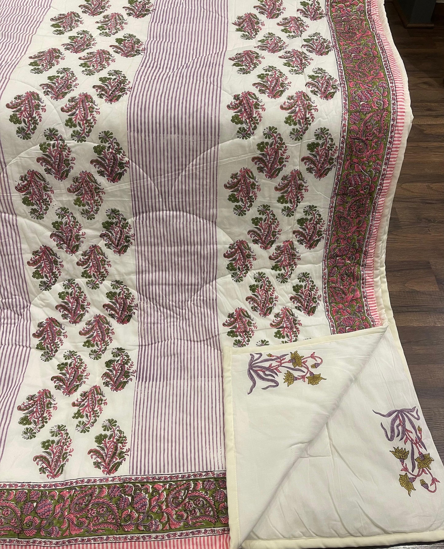 Cream & Deep Pink Floral Jaipur Indian Hand Block Print Quilted Comforter