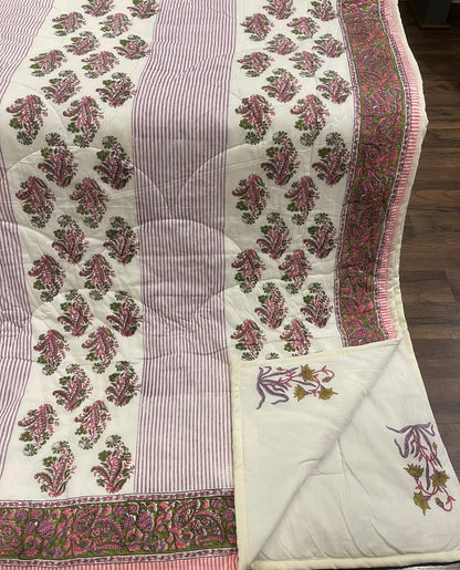 Cream & Deep Pink Floral Jaipur Indian Hand Block Print Quilted Comforter