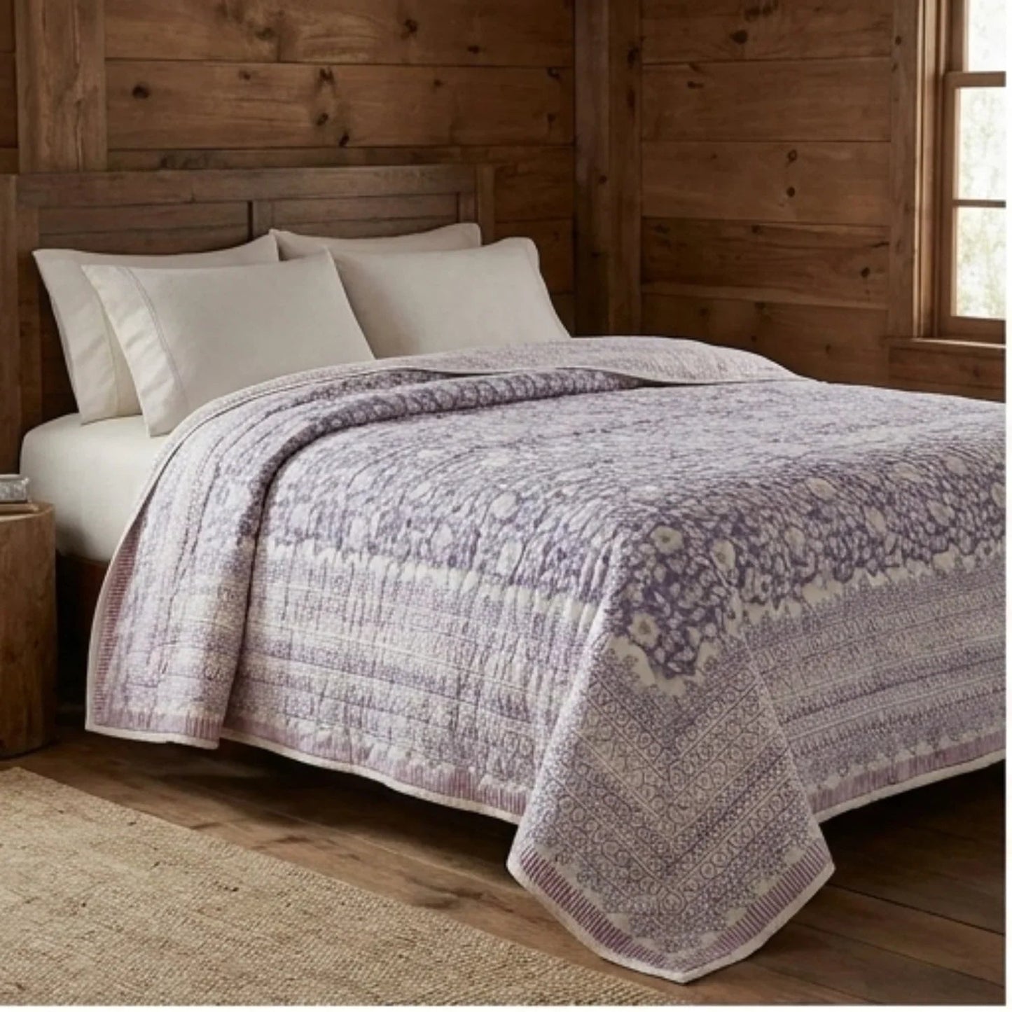 Cream & Sage Green Floral Jaipur Indian Hand Block Print Quilted Comforter