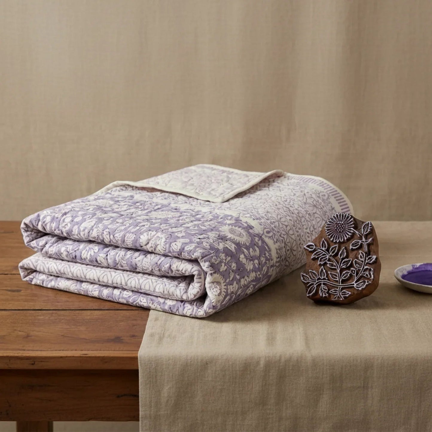 Cream & Sage Green Floral Jaipur Indian Hand Block Print Quilted Comforter