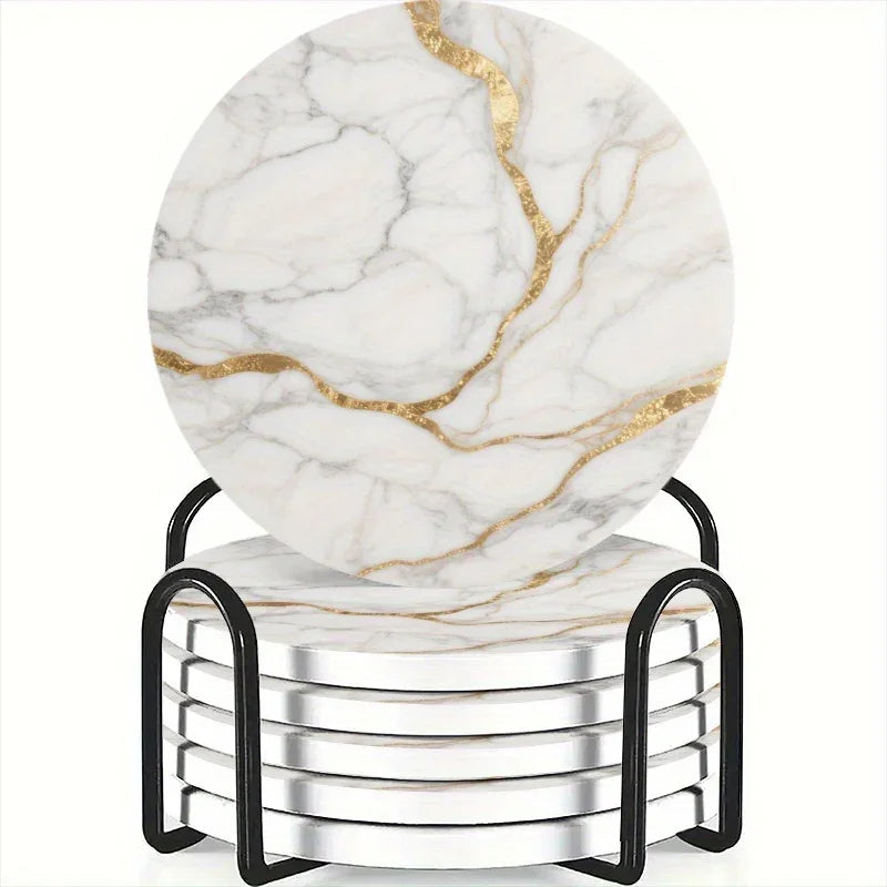 Set of 6 charming round ceramic coasters- white pattern with Golden thread, heat- resistant and non- slip beverage mats, suitable for home and restaurant tabletop decoration, perfect housewarming gift