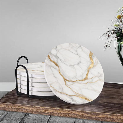Set of 6 charming round ceramic coasters- white pattern with Golden thread, heat- resistant and non- slip beverage mats, suitable for home and restaurant tabletop decoration, perfect housewarming gift
