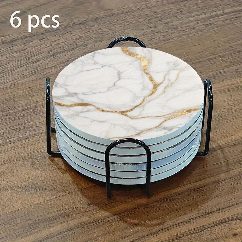 Set of 6 charming round ceramic coasters- white pattern with Golden thread, heat- resistant and non- slip beverage mats, suitable for home and restaurant tabletop decoration, perfect housewarming gift