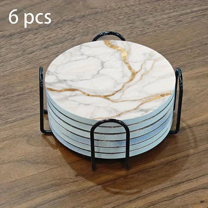 Set of 6 charming round ceramic coasters- white pattern with Golden thread, heat- resistant and non- slip beverage mats, suitable for home and restaurant tabletop decoration, perfect housewarming gift