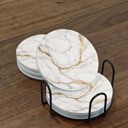 Set of 6 charming round ceramic coasters- white pattern with Golden thread, heat- resistant and non- slip beverage mats, suitable for home and restaurant tabletop decoration, perfect housewarming gift