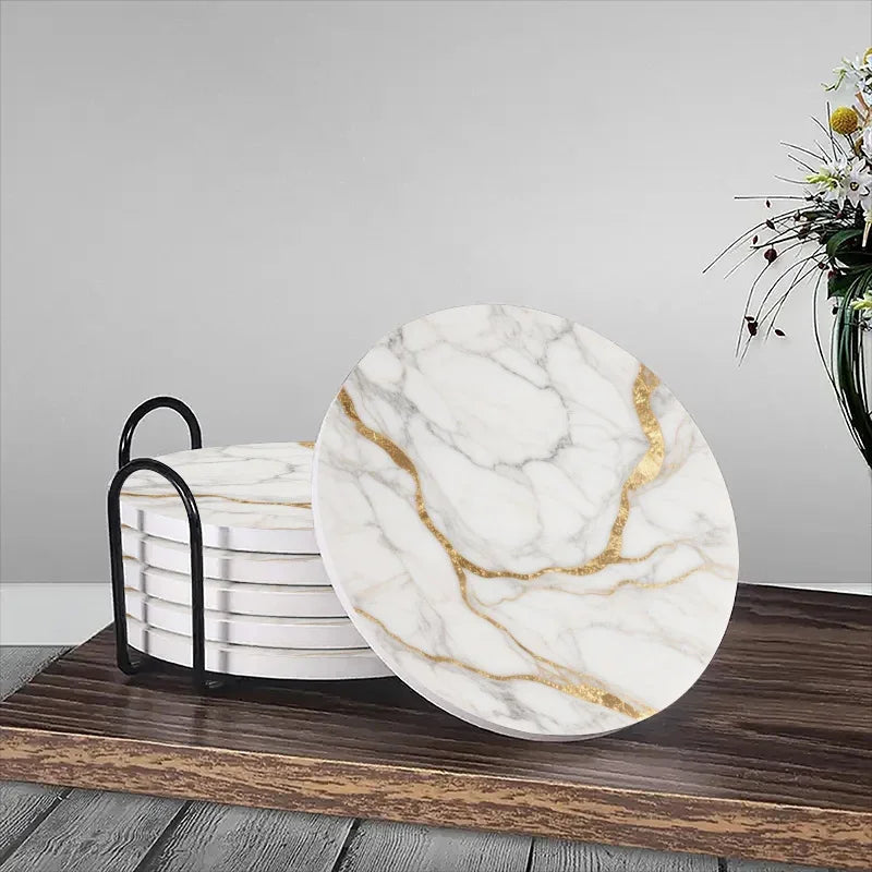 Set of 6 charming round ceramic coasters- white pattern with Golden thread, heat- resistant and non- slip beverage mats, suitable for home and restaurant tabletop decoration, perfect housewarming gift