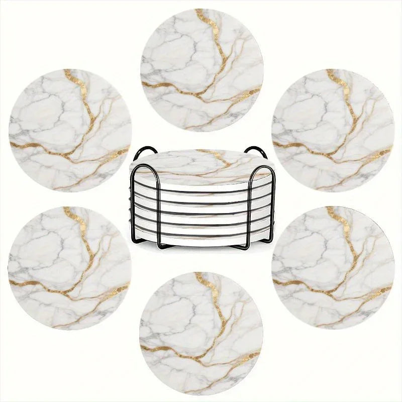 Set of 6 charming round ceramic coasters- white pattern with Golden thread, heat- resistant and non- slip beverage mats, suitable for home and restaurant tabletop decoration, perfect housewarming gift