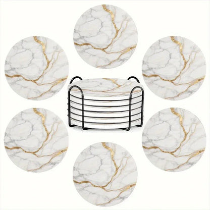 Set of 6 charming round ceramic coasters- white pattern with Golden thread, heat- resistant and non- slip beverage mats, suitable for home and restaurant tabletop decoration, perfect housewarming gift