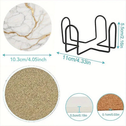 Set of 6 charming round ceramic coasters- white pattern with Golden thread, heat- resistant and non- slip beverage mats, suitable for home and restaurant tabletop decoration, perfect housewarming gift
