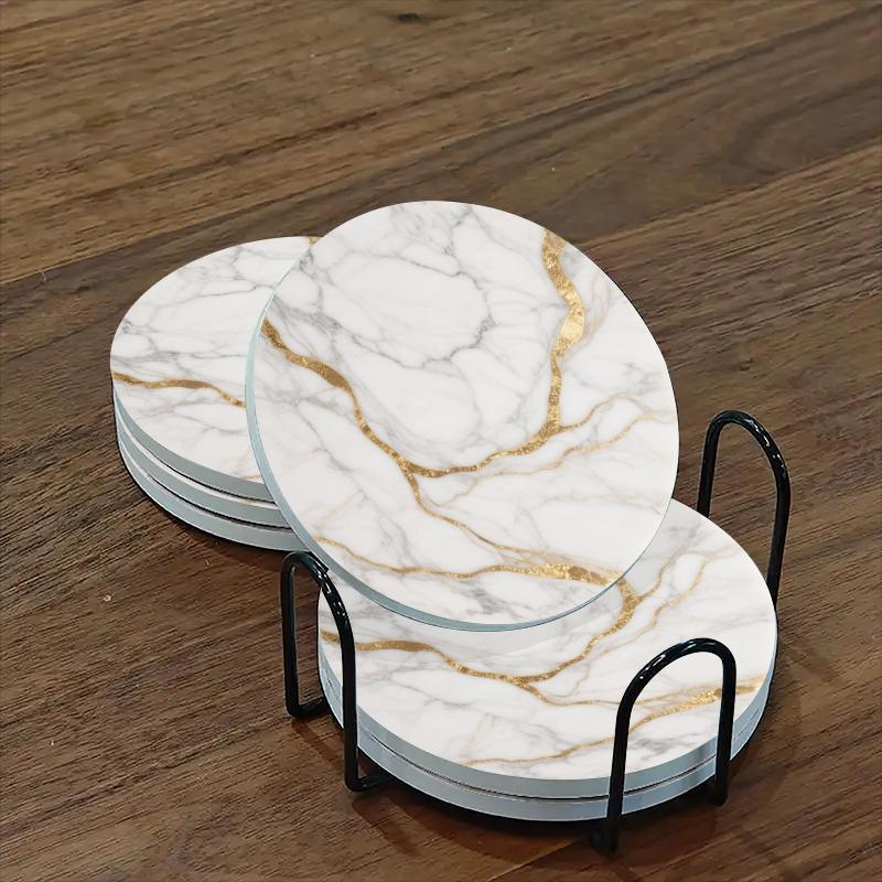 Set of 6 charming round ceramic coasters- white pattern with Golden thread, heat- resistant and non- slip beverage mats, suitable for home and restaurant tabletop decoration, perfect housewarming gift