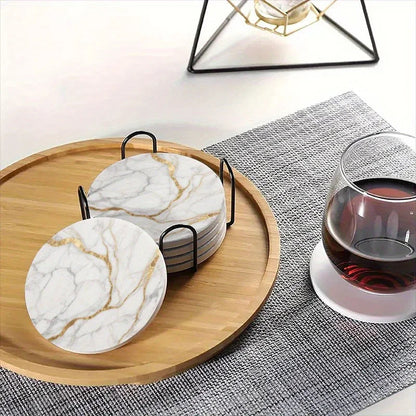Set of 6 charming round ceramic coasters- white pattern with Golden thread, heat- resistant and non- slip beverage mats, suitable for home and restaurant tabletop decoration, perfect housewarming gift
