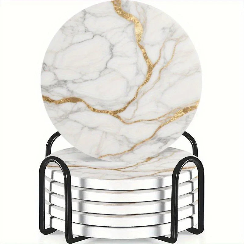 Set of 6 charming round ceramic coasters- white pattern with Golden thread, heat- resistant and non- slip beverage mats, suitable for home and restaurant tabletop decoration, perfect housewarming gift