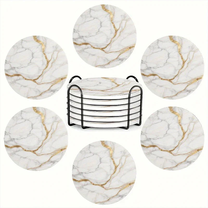 Set of 6 charming round ceramic coasters- white pattern with Golden thread, heat- resistant and non- slip beverage mats, suitable for home and restaurant tabletop decoration, perfect housewarming gift