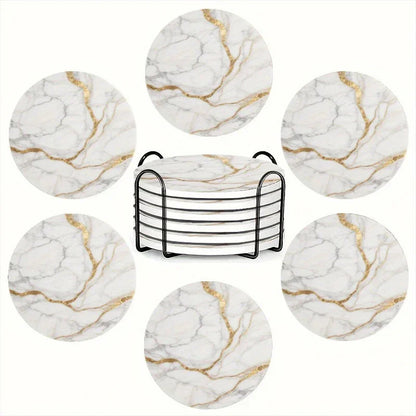 Set of 6 charming round ceramic coasters- white pattern with Golden thread, heat- resistant and non- slip beverage mats, suitable for home and restaurant tabletop decoration, perfect housewarming gift