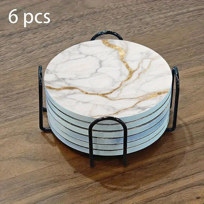 Set of 6 charming round ceramic coasters- white pattern with Golden thread, heat- resistant and non- slip beverage mats, suitable for home and restaurant tabletop decoration, perfect housewarming gift