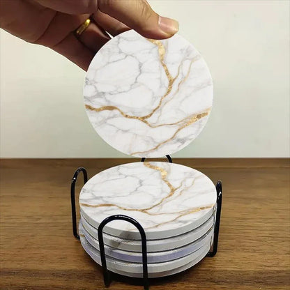 Set of 6 charming round ceramic coasters- white pattern with Golden thread, heat- resistant and non- slip beverage mats, suitable for home and restaurant tabletop decoration, perfect housewarming gift