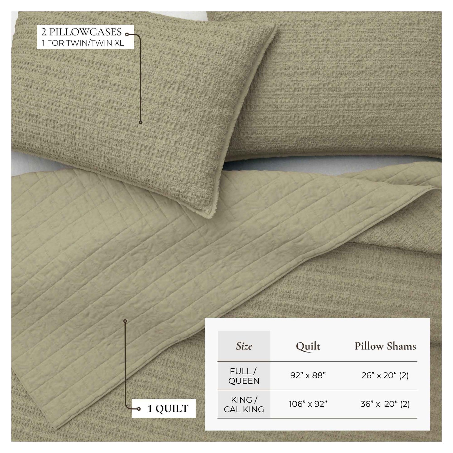 100% Cotton Honeycomb Waffle Garment Washed Quilt Set - Genevieve Collection