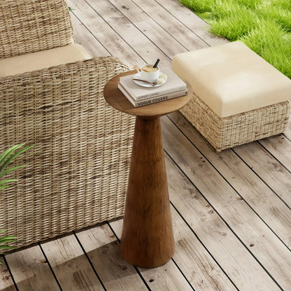 Solid Wood Modern Farmhouse Tall Pedestal End Table with Round Top - Lightweight Sturdy Indoor/Outdoor Accent Table, Walnut Finish, Compact Round Drink Table for Patio, Living Room, Bedroom, Small Space - Durable Wood Constru