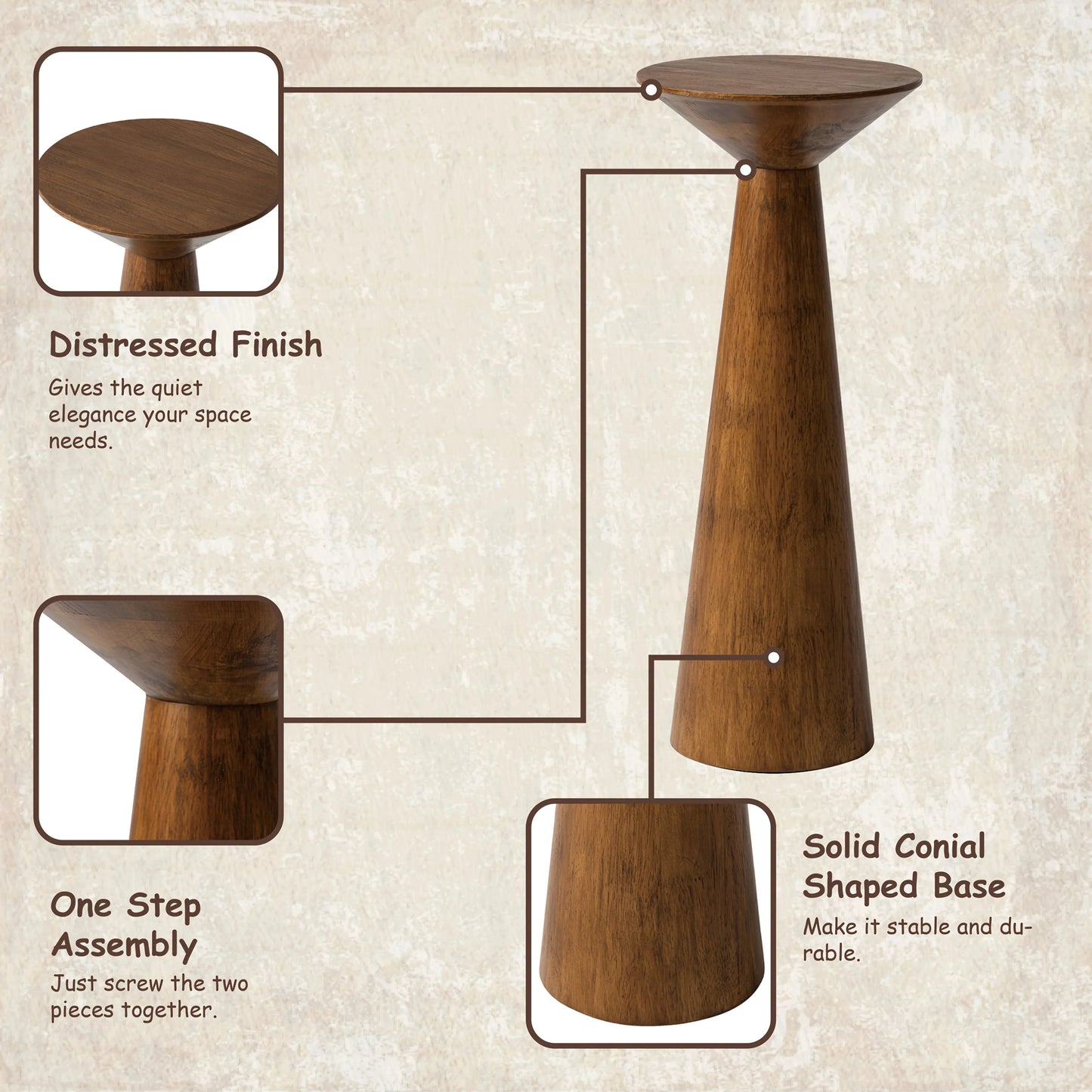 Solid Wood Modern Farmhouse Tall Pedestal End Table with Round Top - Lightweight Sturdy Indoor/Outdoor Accent Table, Walnut Finish, Compact Round Drink Table for Patio, Living Room, Bedroom, Small Space - Durable Wood Constru