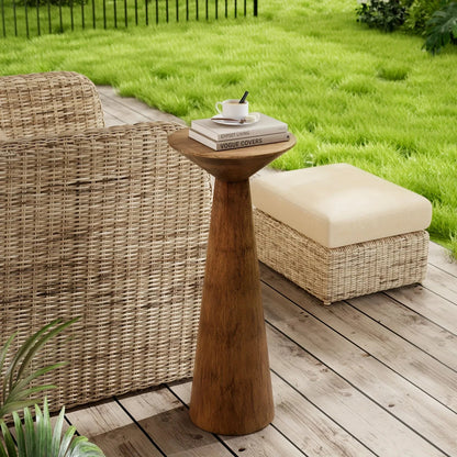 Solid Wood Modern Farmhouse Tall Pedestal End Table with Round Top - Lightweight Sturdy Indoor/Outdoor Accent Table, Walnut Finish, Compact Round Drink Table for Patio, Living Room, Bedroom, Small Space - Durable Wood Constru