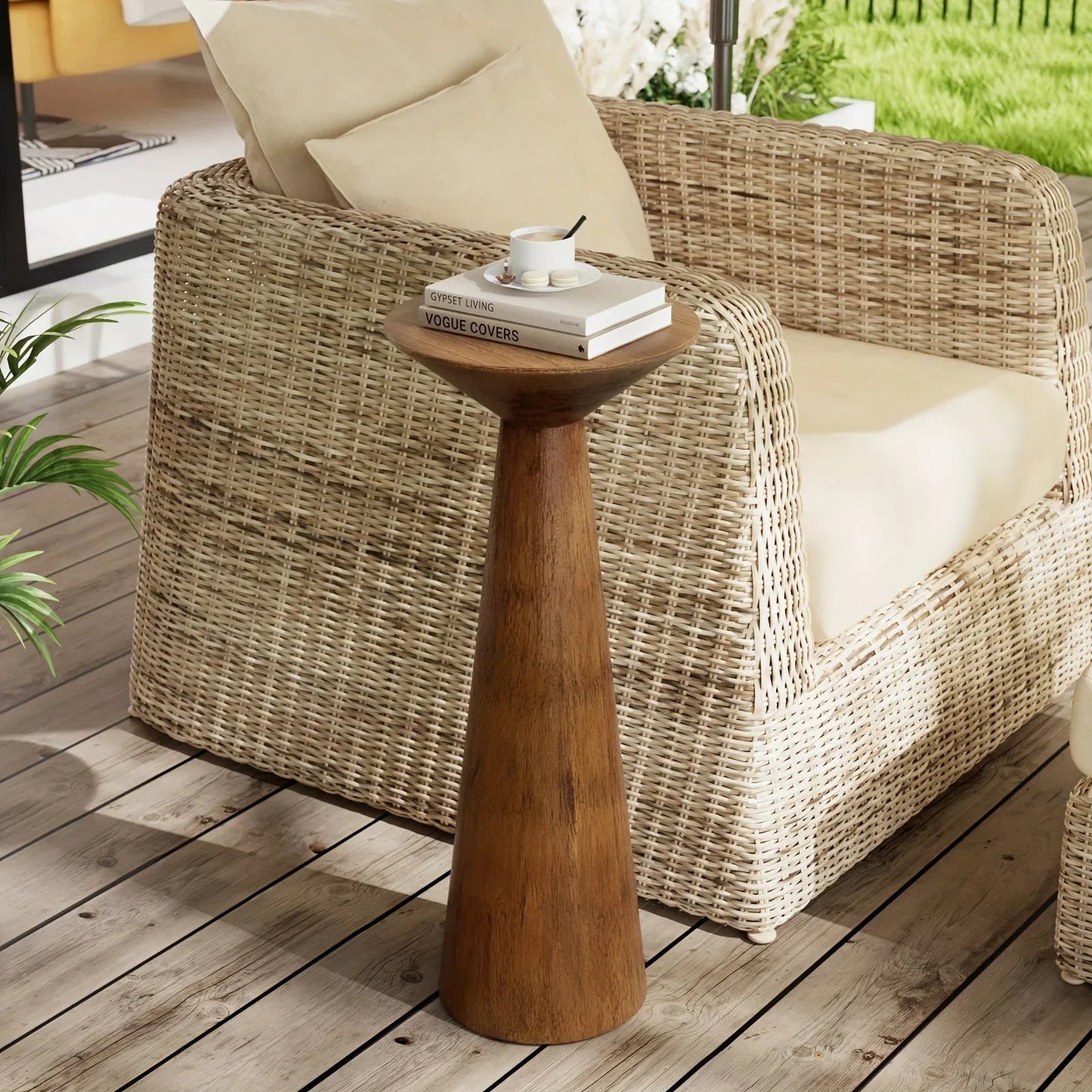 Solid Wood Modern Farmhouse Tall Pedestal End Table with Round Top - Lightweight Sturdy Indoor/Outdoor Accent Table, Walnut Finish, Compact Round Drink Table for Patio, Living Room, Bedroom, Small Space - Durable Wood Constru