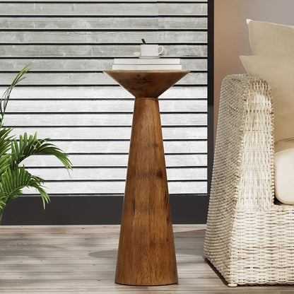 Solid Wood Modern Farmhouse Tall Pedestal End Table with Round Top - Lightweight Sturdy Indoor/Outdoor Accent Table, Walnut Finish, Compact Round Drink Table for Patio, Living Room, Bedroom, Small Space - Durable Wood Constru