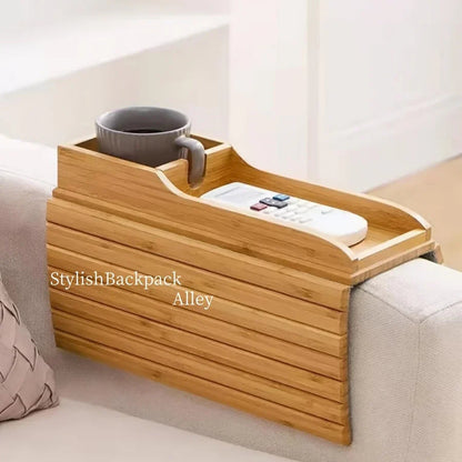 Stylish Bamboo Sofa Armrest Tray with Cup Holder - Anti-Fall Design, Foldable Storage Table for Snacks, Phones, Beverages & Cups, Contemporary Home Accessory, Beverage Tray | Modern Bamboo Tray | Foldable Tray