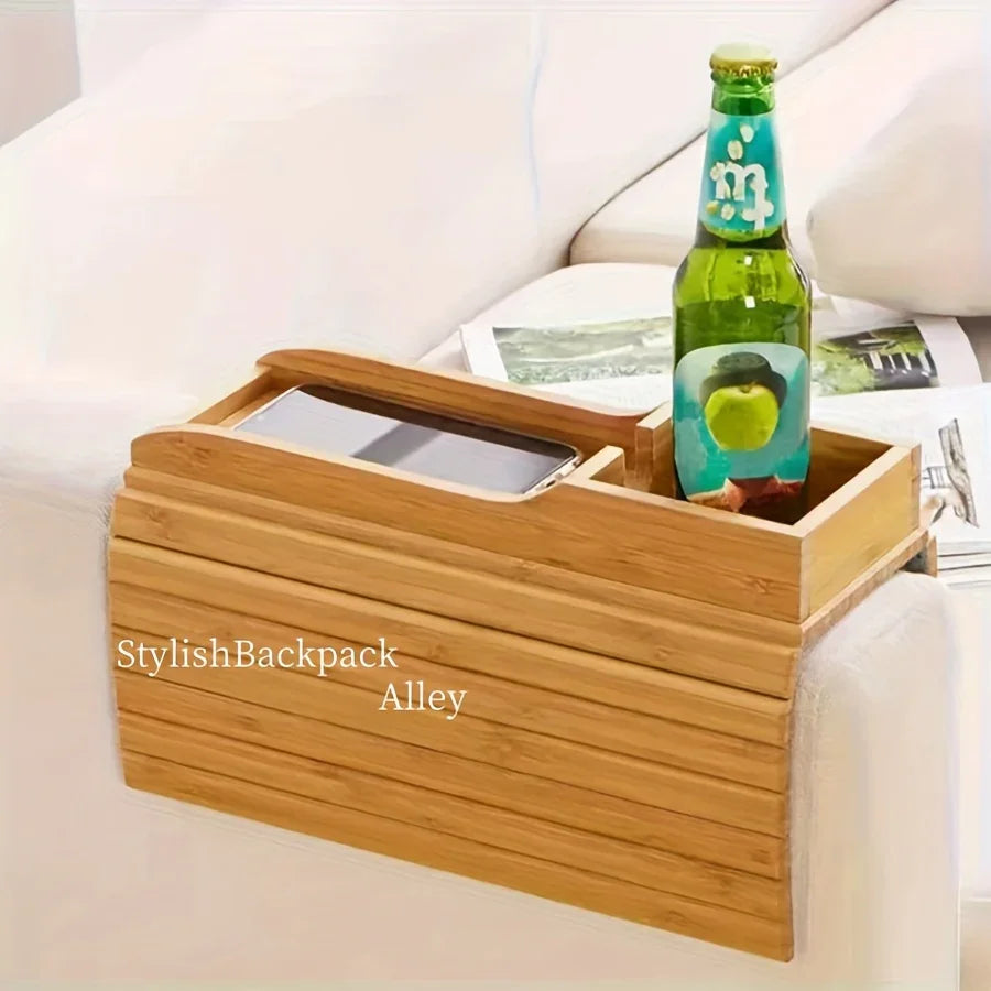 Stylish Bamboo Sofa Armrest Tray with Cup Holder - Anti-Fall Design, Foldable Storage Table for Snacks, Phones, Beverages & Cups, Contemporary Home Accessory, Beverage Tray | Modern Bamboo Tray | Foldable Tray